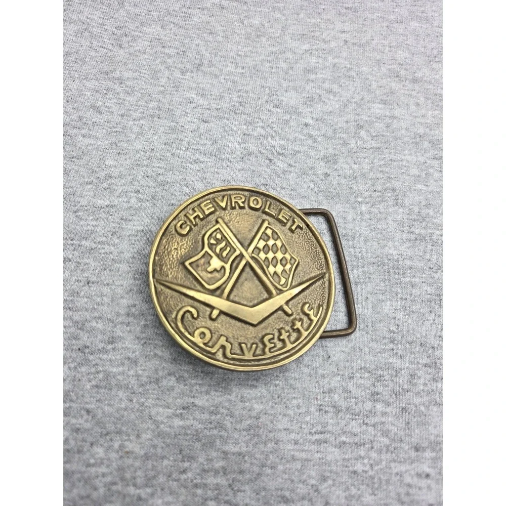 Vintage Solid Brass Antique Chevrolet Corvette Racing Logo Belt Buckle